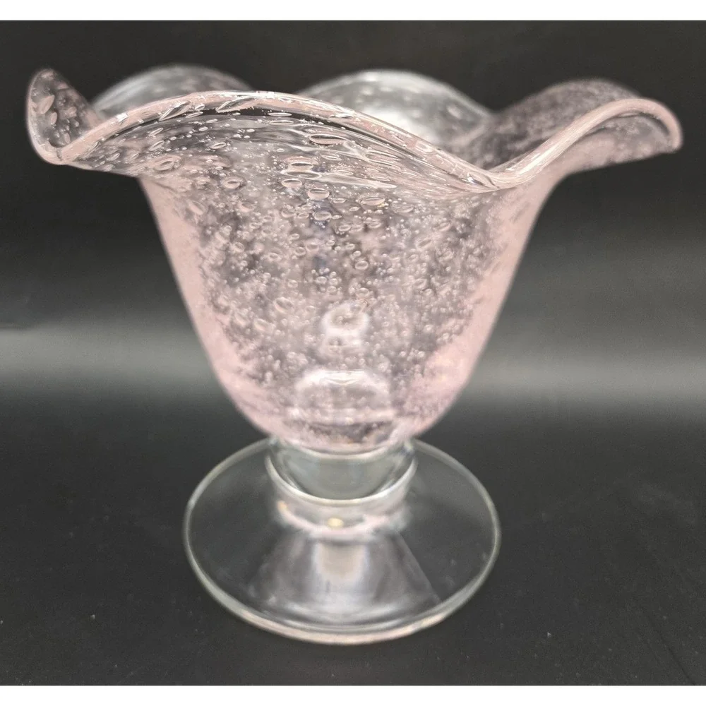 Vintage Pink Vase. Hand Blown Many Fun Bubbles Ruffled Rim